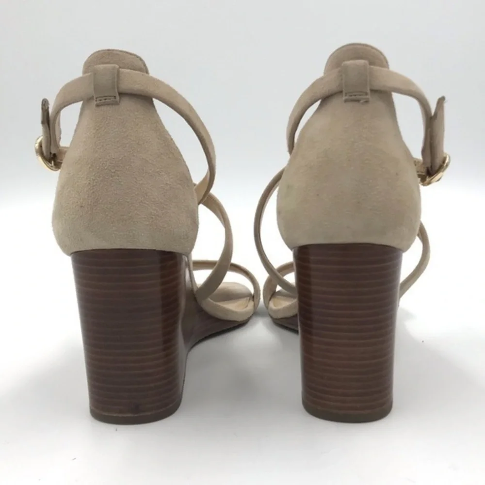 Michael Kors Cream Suede Leather Strappy Wood Wedge Heels Size 8